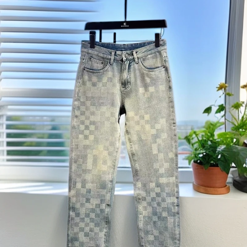娜罗普西休闲春夏新款帅气棋盘格水洗直筒牛仔裤男宽松复古长裤子