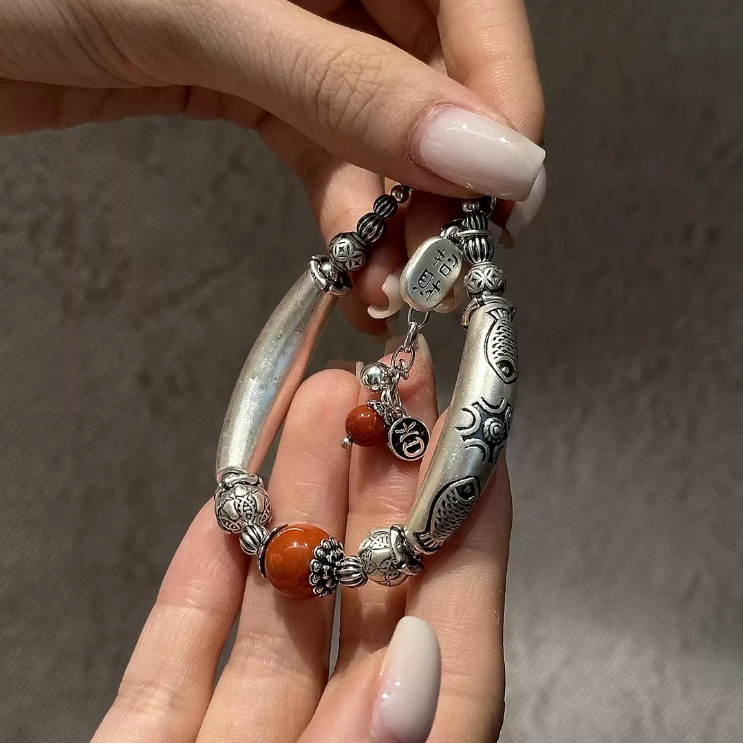 S11810<一禅兄>s925银足银南红双鱼弯管鱼纹串珠招财纳福吉字手链