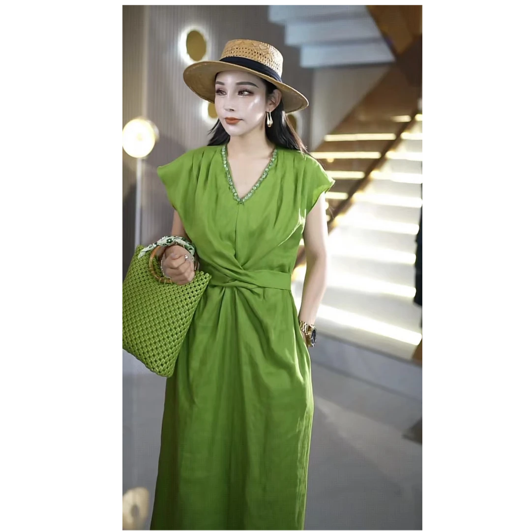 超显瘦气质时尚百搭收腰扭结短袖V领100亚麻连衣裙气质长裙F8251L