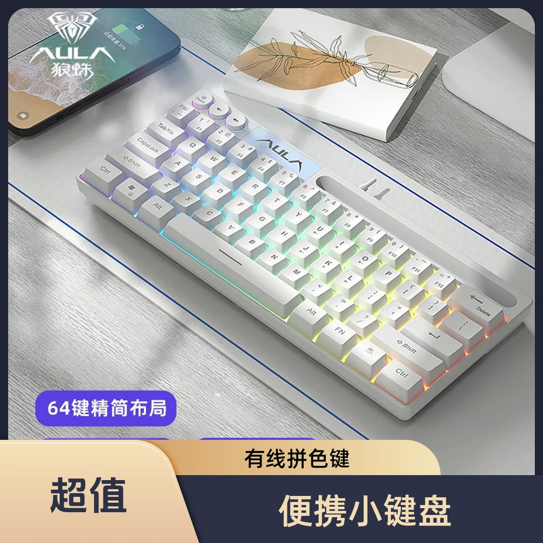 狼蛛F3061机械键盘有线拼色电竞游戏台式笔记本办公小型便携64键