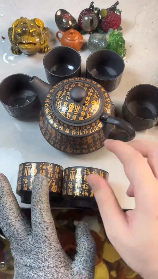 500毫升烫金玉腰百福壶+6百福杯+壶绳