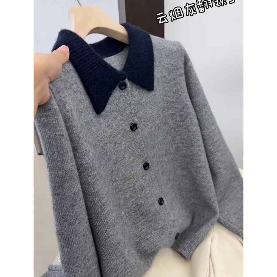 3452【高级感云烟灰翻领开衫】秋季新款女士欧货毛衣宽松外穿