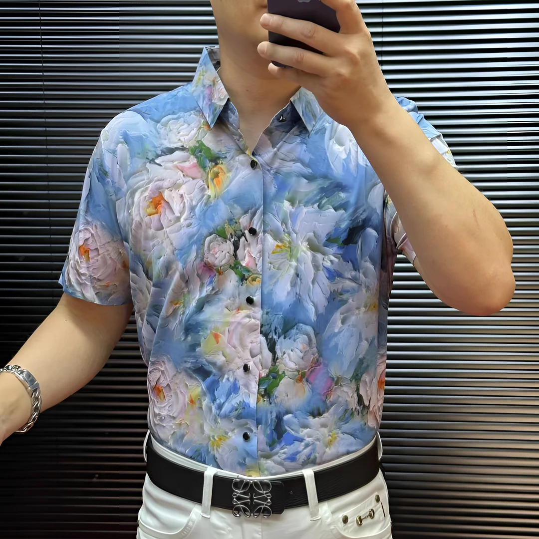 FLD甄选冰丝无缝免烫高弹力高品质蓝色油彩休闲短袖衬衫211