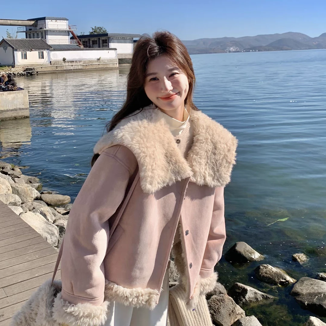 866冬季新款韩版设计感加厚机车外套皮毛一体大衣