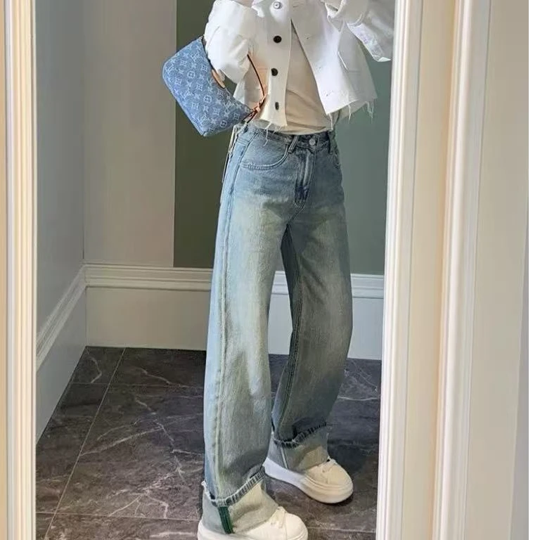 SU【306】代95 愫玥  牛仔裤女春季复古卷边宽松直筒阔腿裤