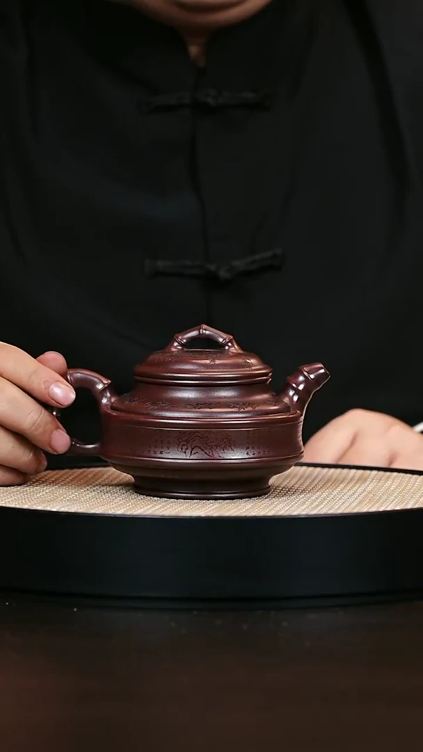 茶壶紫砂双线竹鼓 明红砂