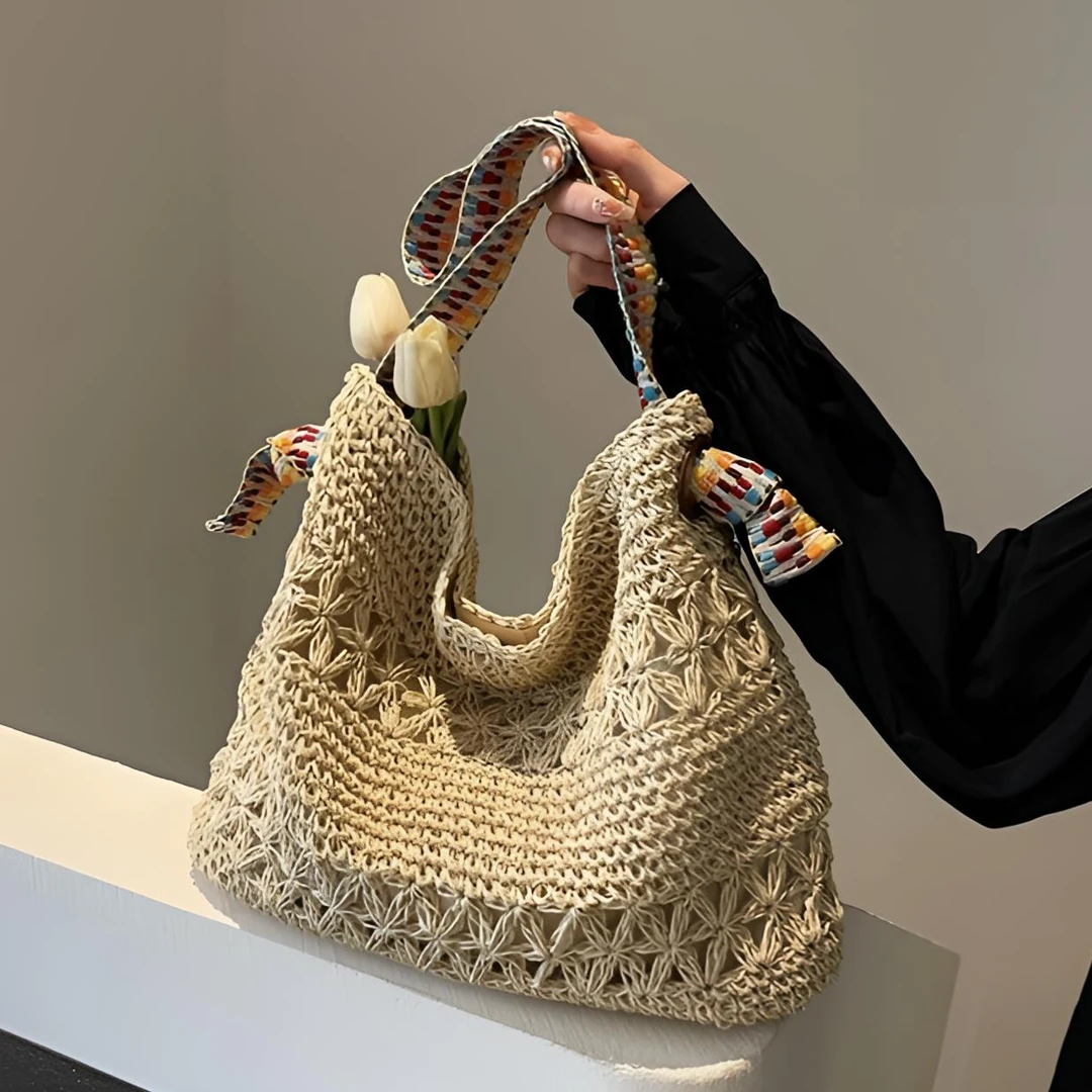 大容量草编包包女2025新款慵懒风海边度假编织彩带网红通勤托特包