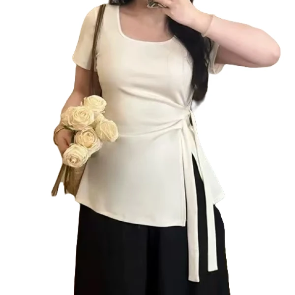 大宝家不规则开叉绑带方领短袖T恤上衣