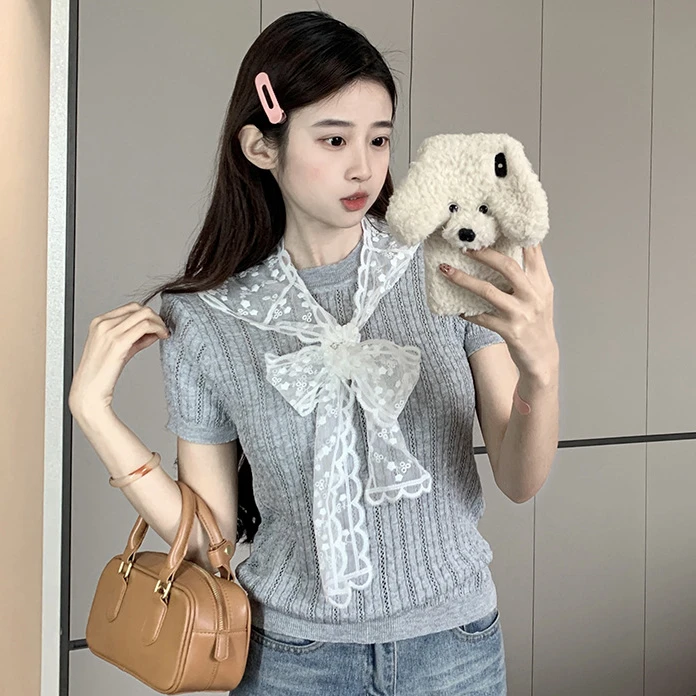 夏季休闲圆领套头蕾丝披肩短袖T恤女韩系百搭显瘦新款针织衫上衣