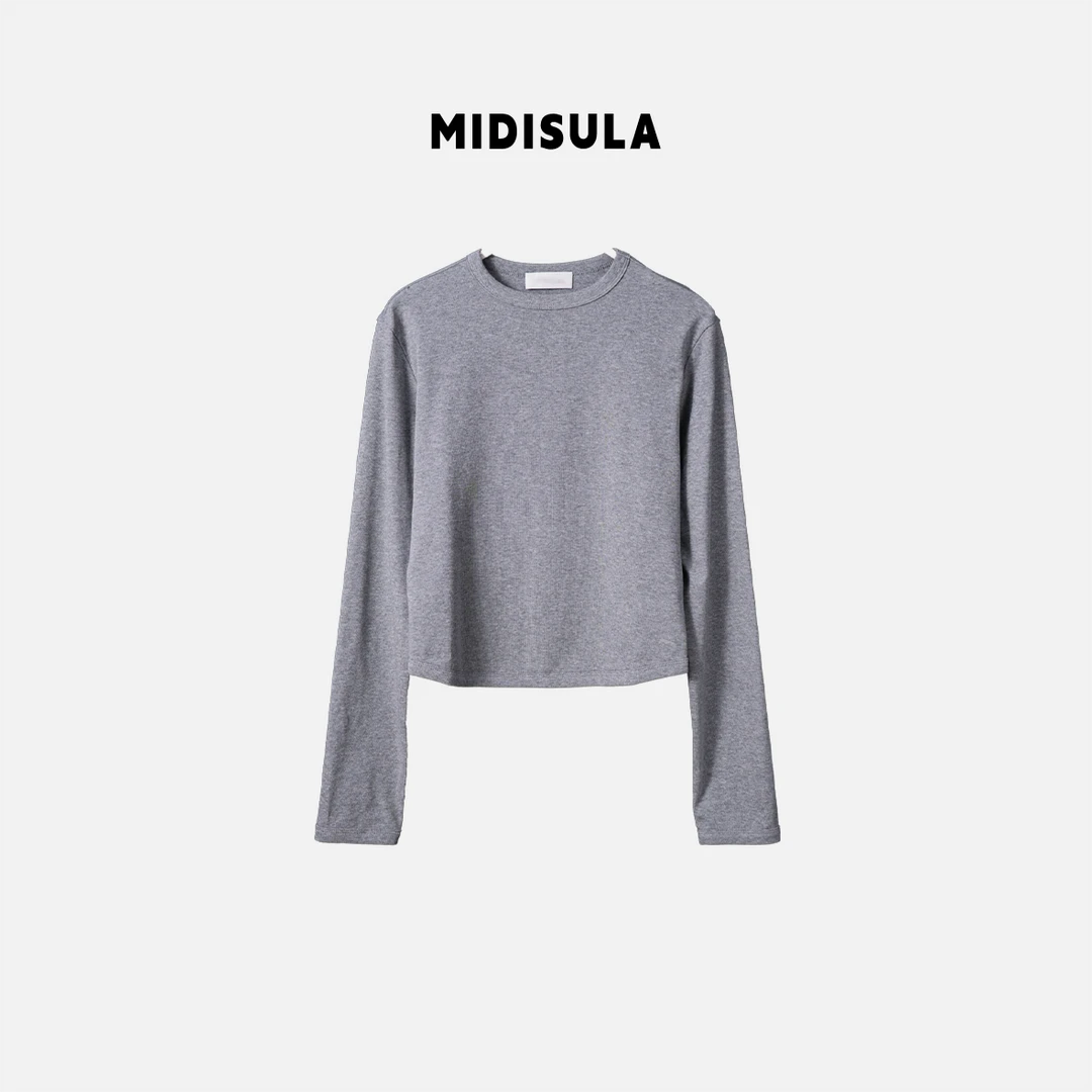 【H.MDSL】圆领长袖t恤打底衫短款下摆包边纯色运动上衣#2130