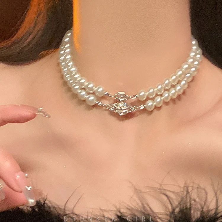 非金属亚克力吊坠 双层珍珠项链轻奢叠戴choker颈链礼服多层毛衣
