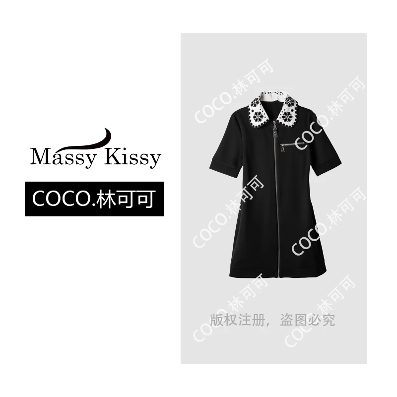 【COCO林可可】POLO领娃娃领高腰拉链套头连衣裙春夏印花黑色富婆风