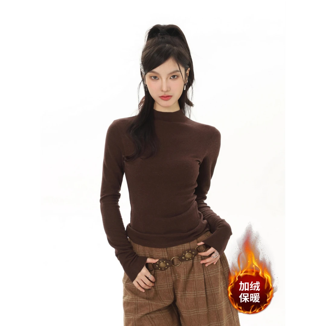 美拉德高级感上衣半高领打底衫女秋冬显瘦加绒保暖内搭长袖T恤女