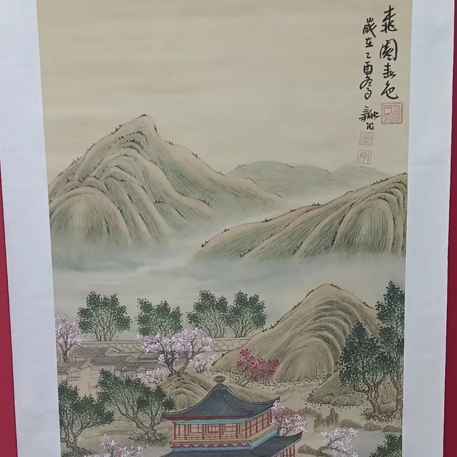 李新社  手绘宣纸四尺竖幅桃园春色山水画