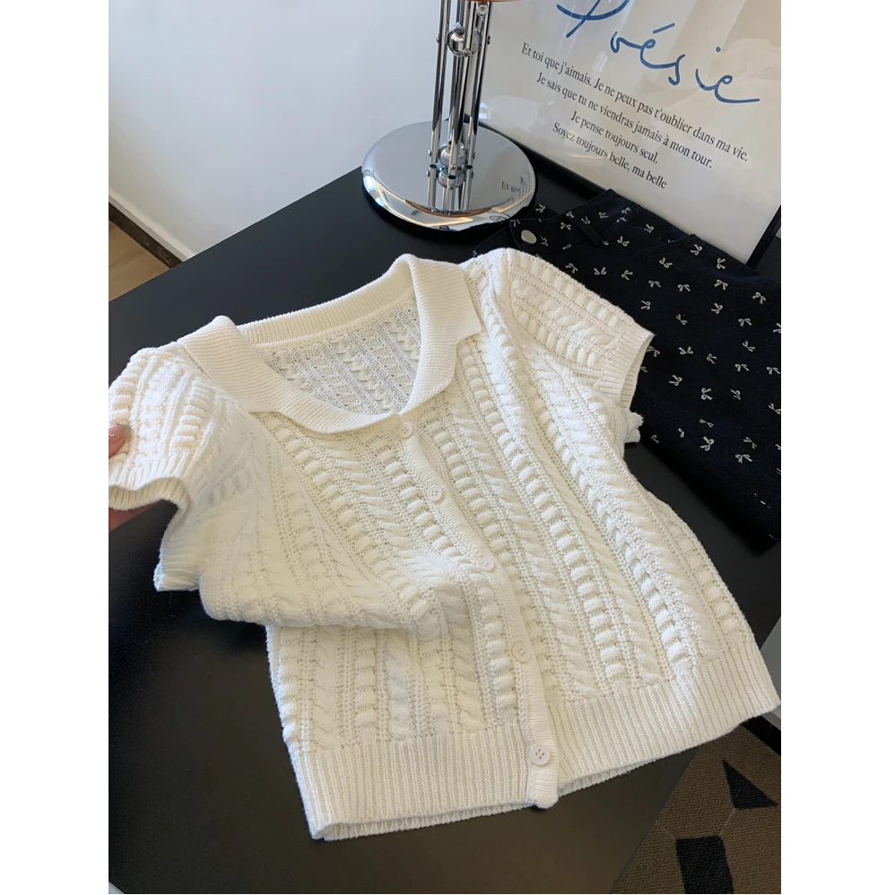 欧若风杏色薄款针织开衫短袖t恤打底衫内搭洋气衣服女款春装上衣