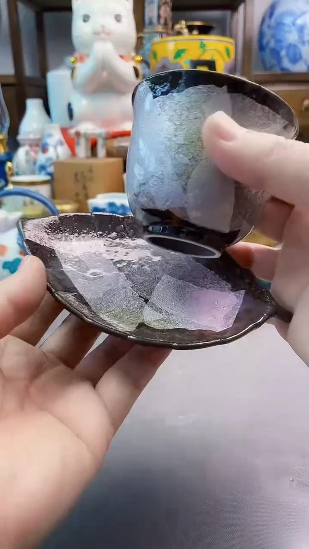 瓷片日产釉里银彩杯两件套