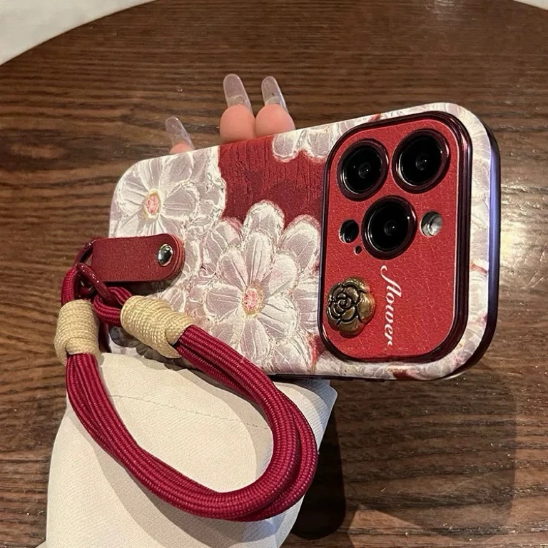 大视窗油画酒红白花山茶花手提绳适用苹果16手机壳iphone15气质14