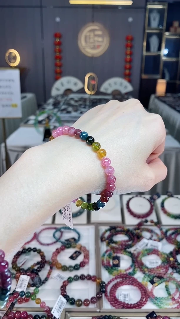 未镶嵌老矿碧玺色标彩虹单圈手串6mm+碧玺dan多样性发货一条