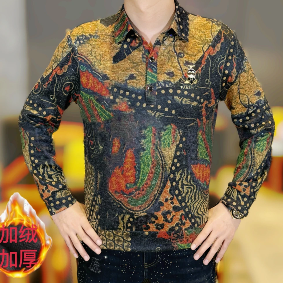 2025秋冬新款男士时尚弹力百搭休闲豹纹图案翻领加绒加厚针织衫