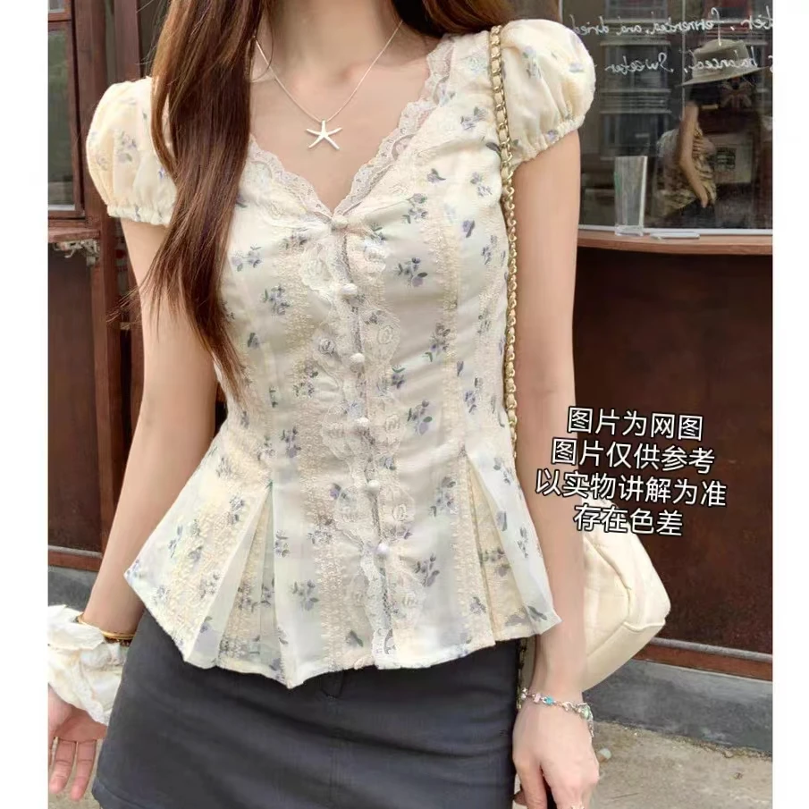 2025夏季新款大码女装韩系甜美风蕾丝花边刺绣绑带收腰上衣