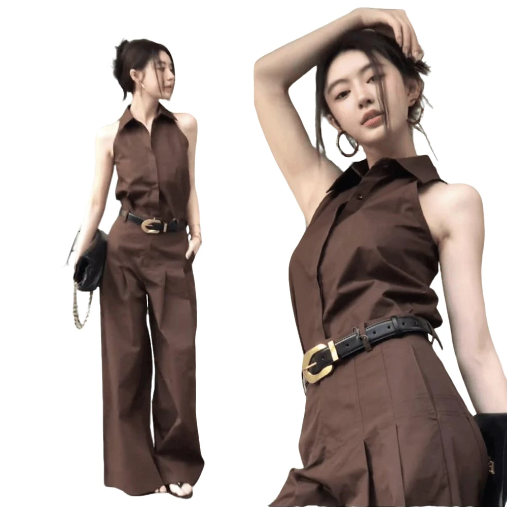 盐系轻熟穿搭一整套夏季时尚修身显瘦气质无袖衬衣阔腿裤两件套女