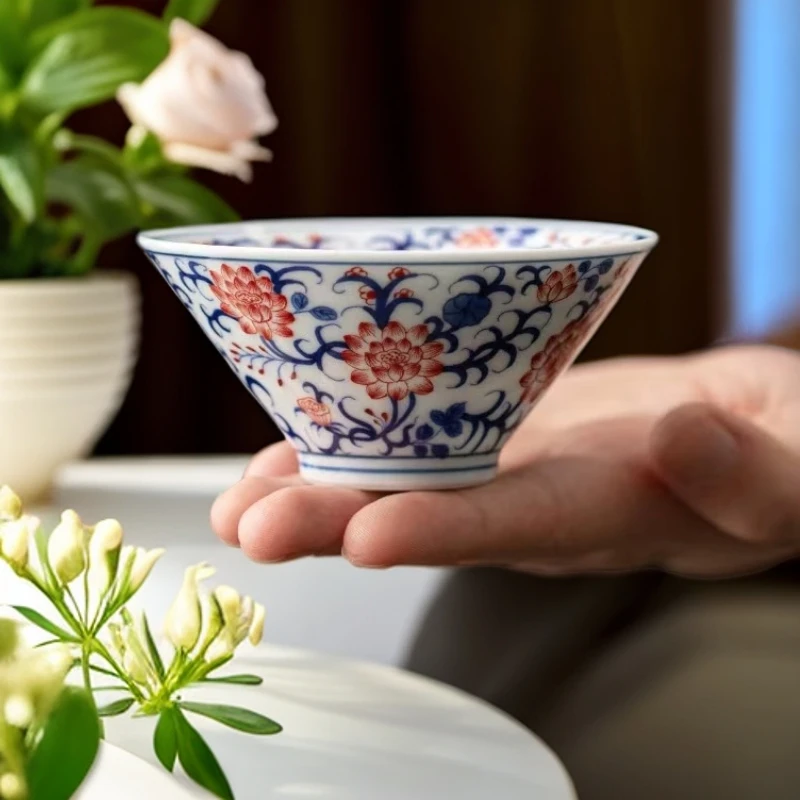 高档中式复古茶杯子2025新款釉里红斗笠杯个人专用主人杯功夫茶具