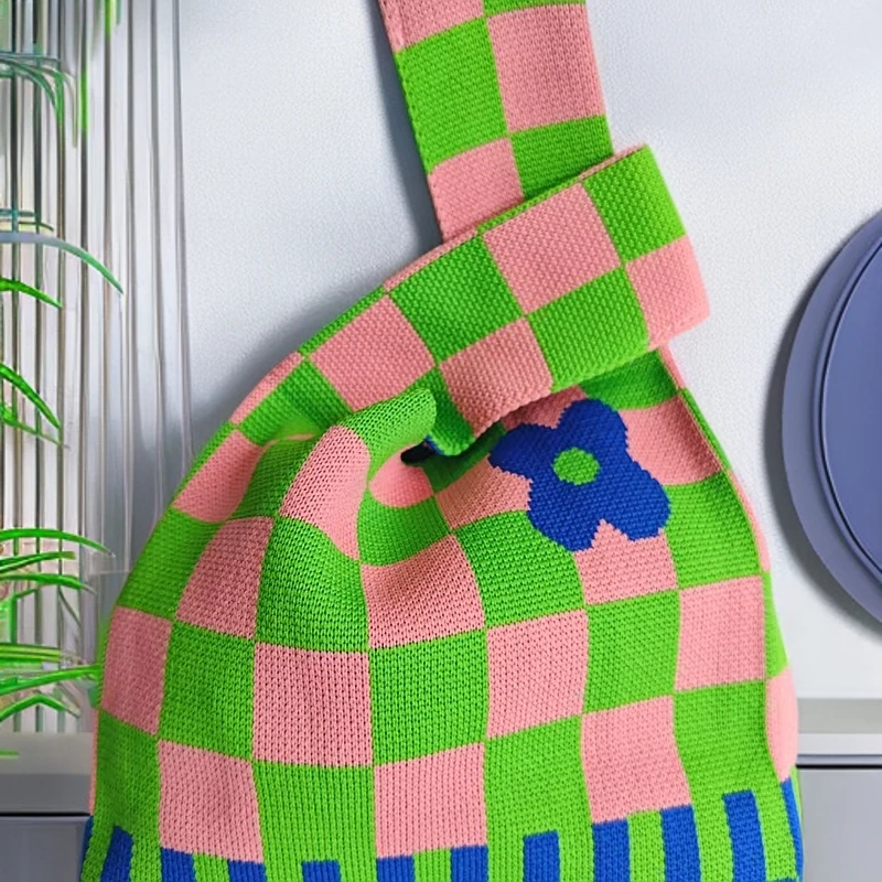 欧美风针织通勤风个性绿色动物韩版棋盘格手提包双根亲子网红肩包