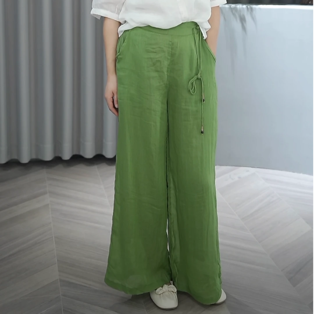 【裤长100】宽松流苏刺绣半松紧腰九分苎麻阔腿裤7610