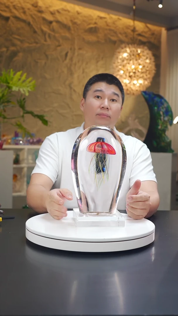 琉璃金红色单头水母摆件