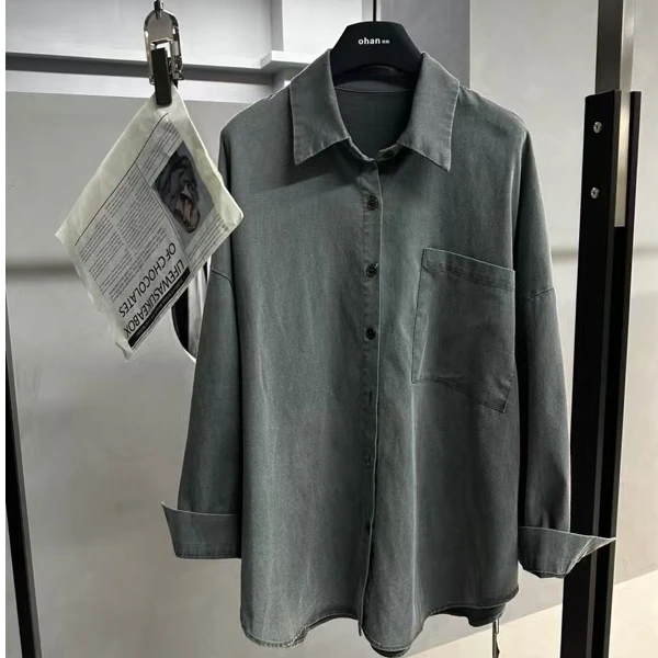 黑屿白/108 春季长袖常规款纯色常规衬衫宽松上衣牛仔休闲