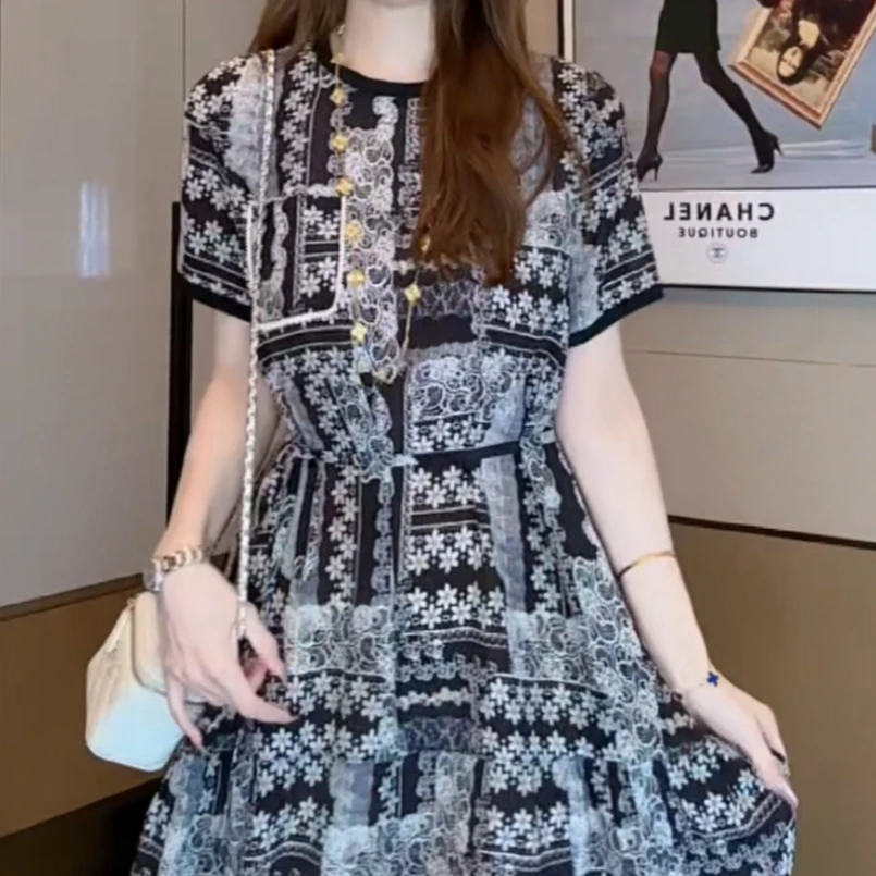 【丝芙玉禄】（S416）100%真丝双绉气质印花桑蚕丝宽松女装真丝连衣裙