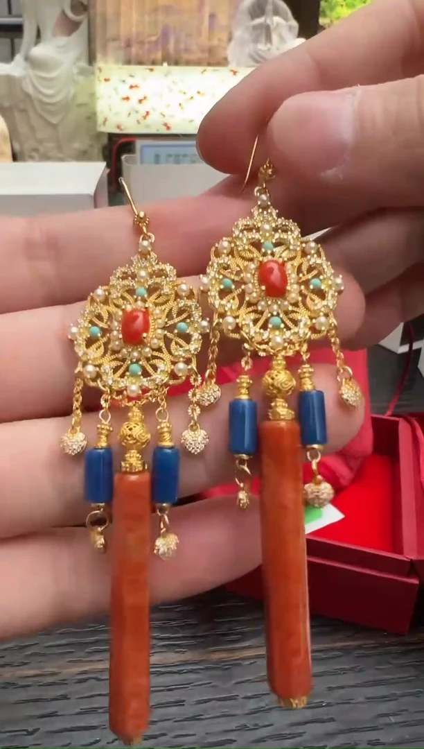 锦绣山河红色古法耳环孤品