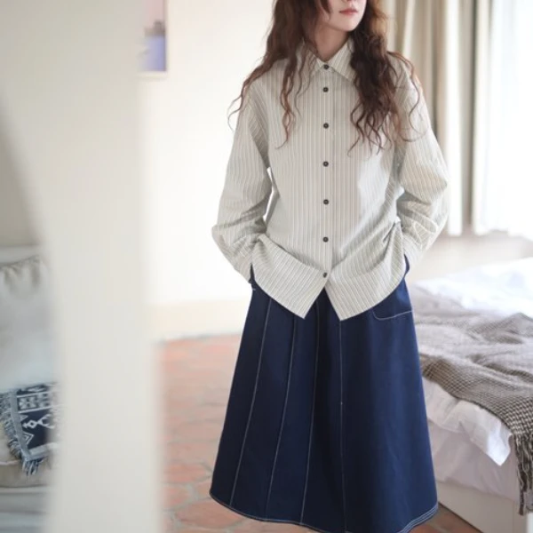 【杭州S姐精品女装】条纹衬衫女字母刺绣长袖衬衣设计感上衣08101