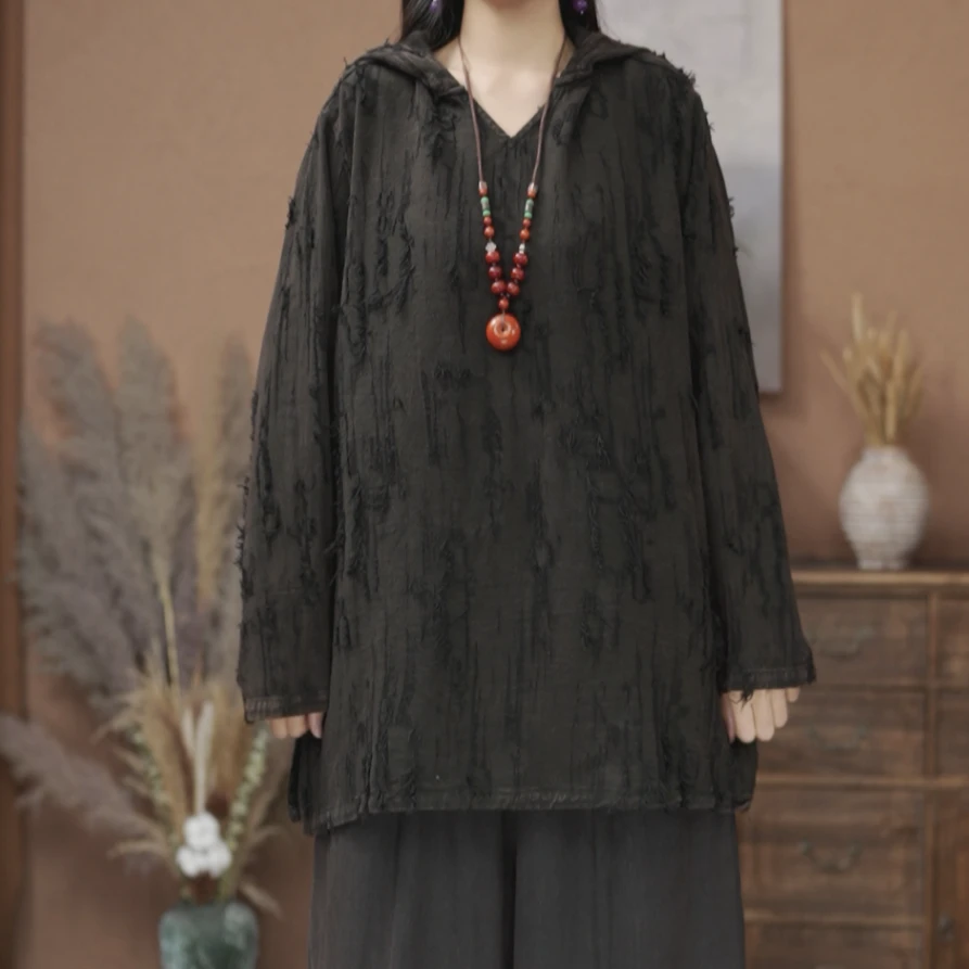 【原制原味】早春新款6645古家亚麻毛边连帽开叉宽松休闲禅意上衣