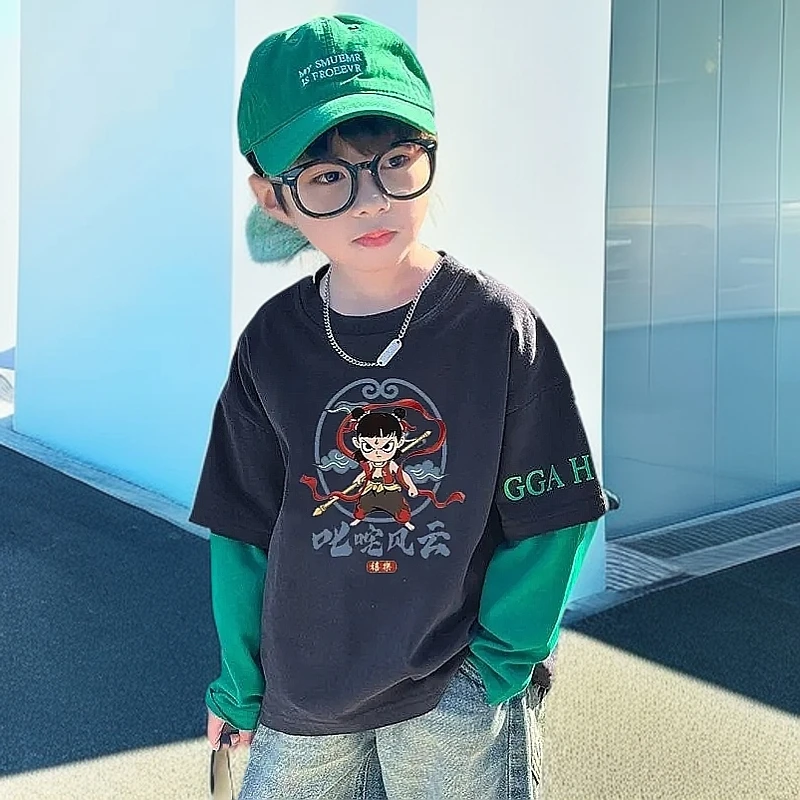 奥洛黛娅哪吒儿童短袖春秋男童T恤长袖大童宝宝100%纯棉洋气上衣