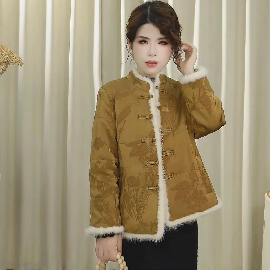 鲁云年小个子149工厂店人丝新中式新款90国标白鸭绒水貂毛外套