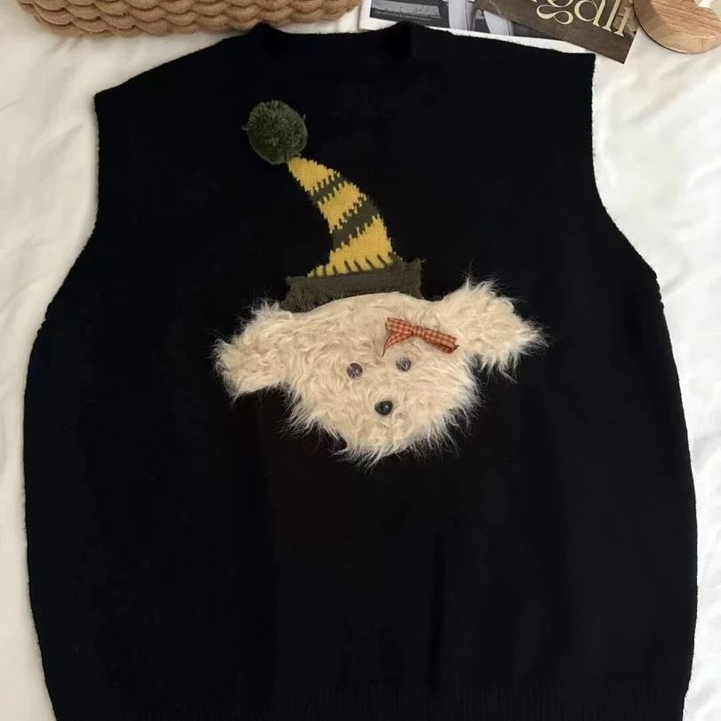 无袖叠穿小狗马甲背心女春秋新款宽松可爱外穿设计感针织坎肩上衣