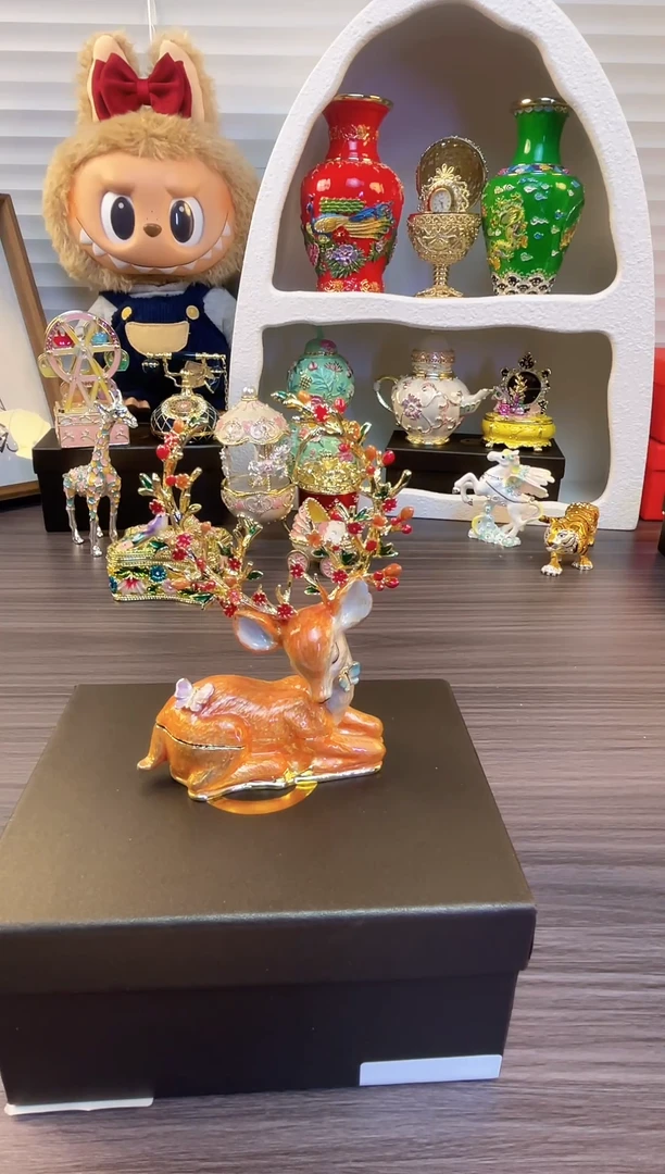 七宝烧珐琅彩首饰盒 送人送礼 个人收藏工艺品   花枝鹿