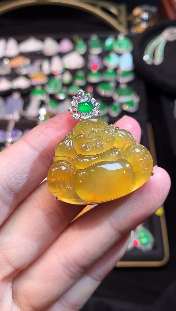 吊坠(赠链)18K金镶嵌翡翠高冰玻黄翡大佛公吊坠