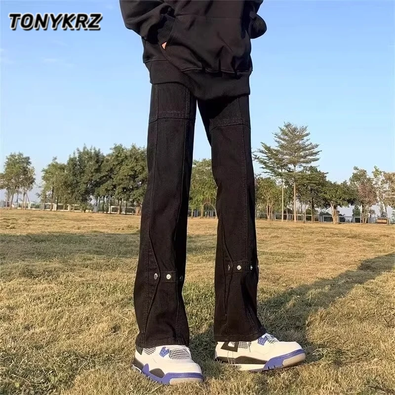 TONYKRZ复古水洗牛仔裤男潮牌机能高街排扣休闲裤阔腿直筒微喇裤