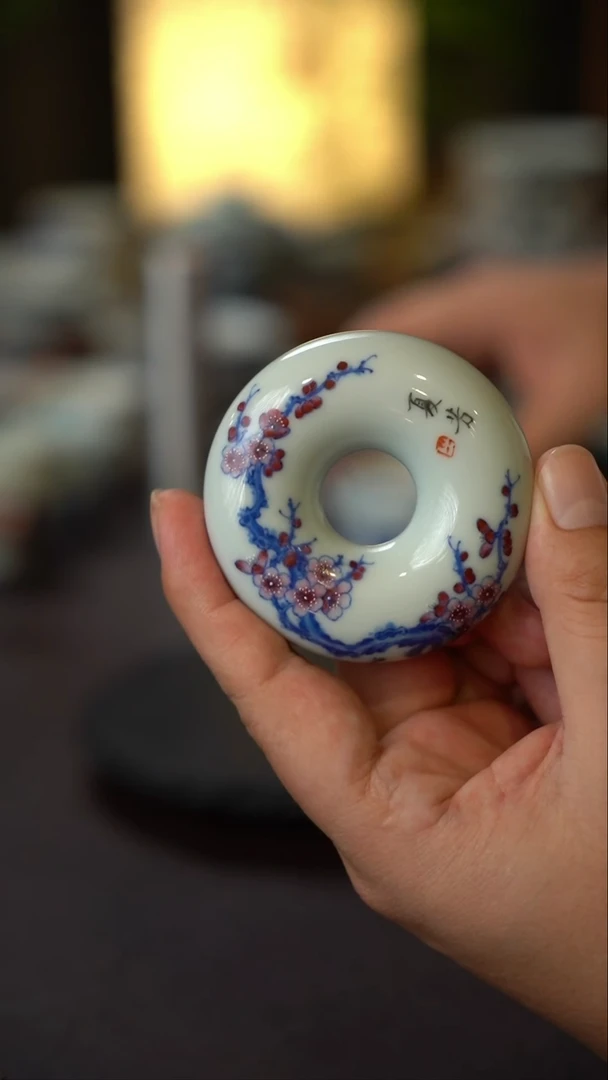 夏芳全手工手绘梅花陶瓷圆盖置