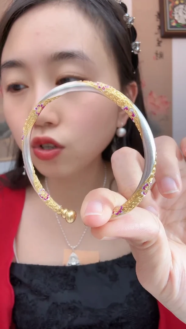 -足银描金 繁花开口对珠手镯