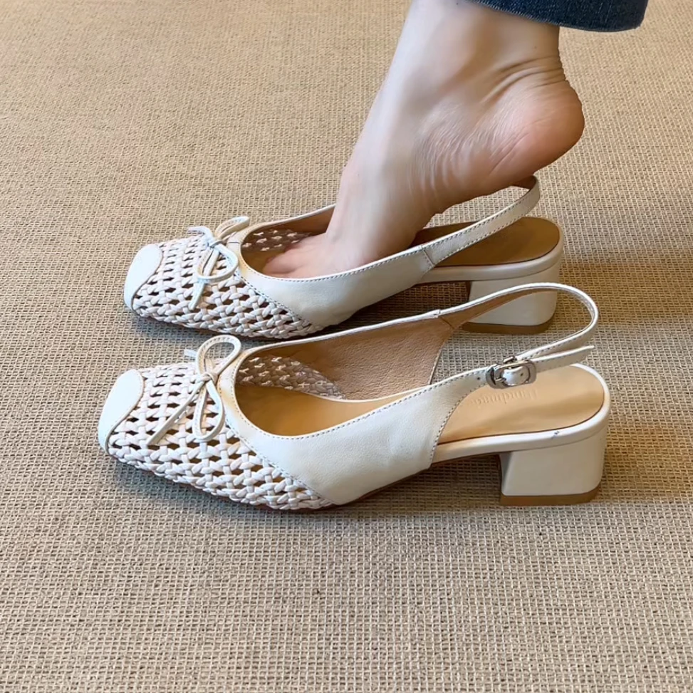 RubyL/4cm法式优雅舒适百搭方头蝴蝶结拼接编织镂空粗跟包头凉鞋