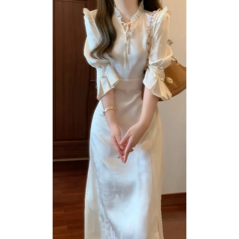 2025秋季新中式国风复古高级感木耳花边连衣裙中袖气质长裙9711