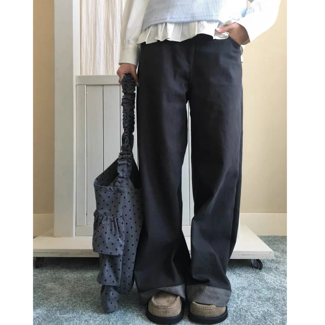 高端货~巨好看灰色牛仔裤直筒显瘦卷边拼色长裤女