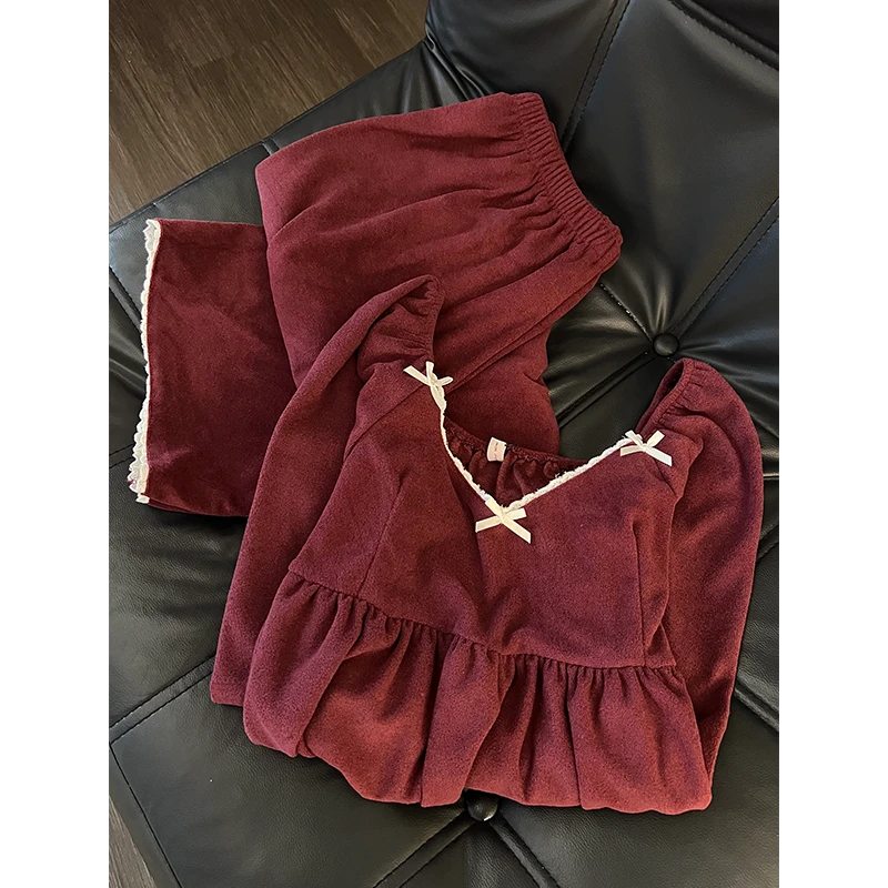 本命年红色花边拼接德绒睡衣女秋冬季新款加厚宽松休闲家居服套装