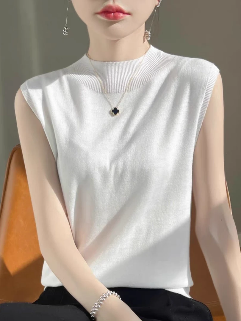 精纺羊毛一线无缝半高领打底背心针织衫