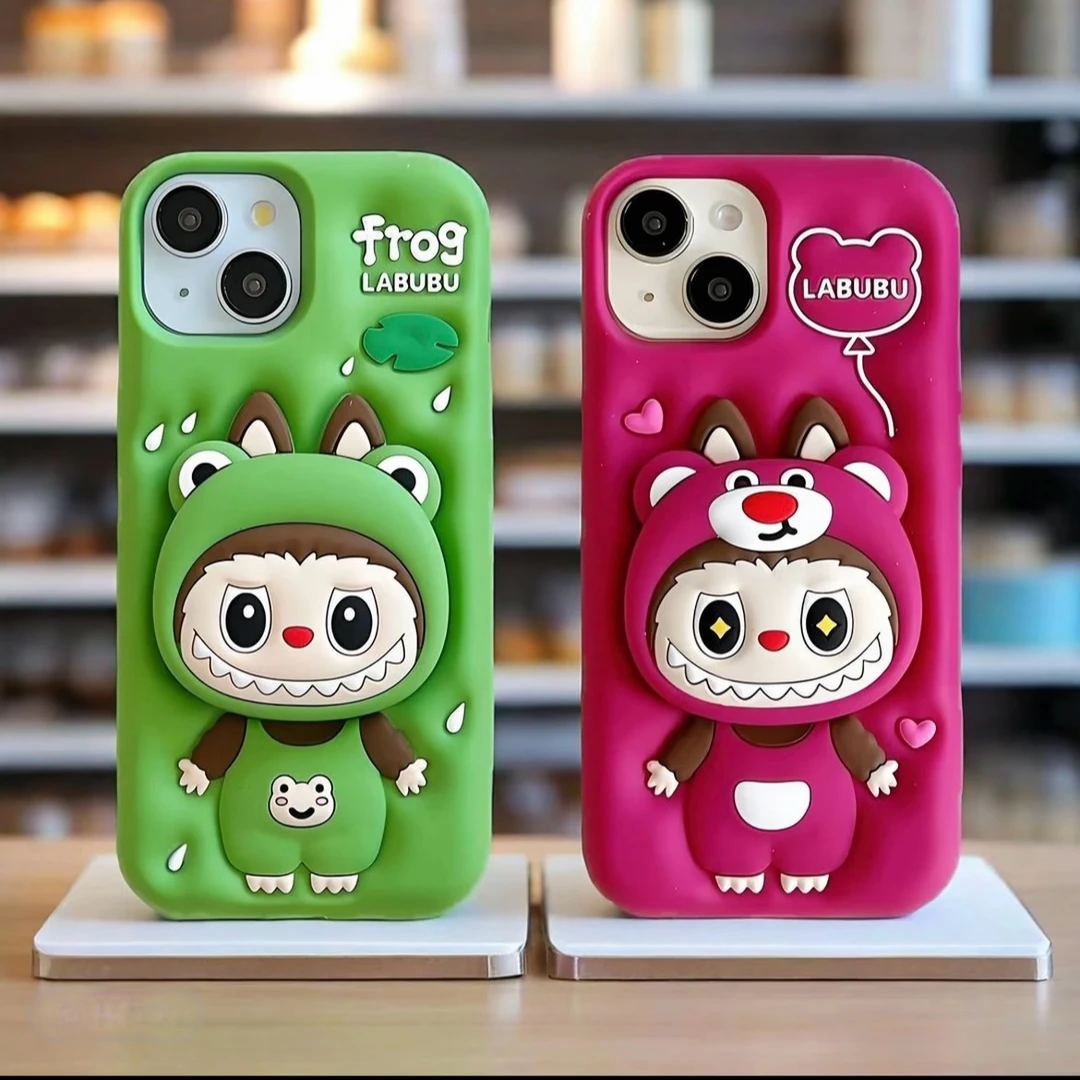 草莓熊青蛙变装拉布布适用iphone16promax防摔硅胶软壳立体支架壳