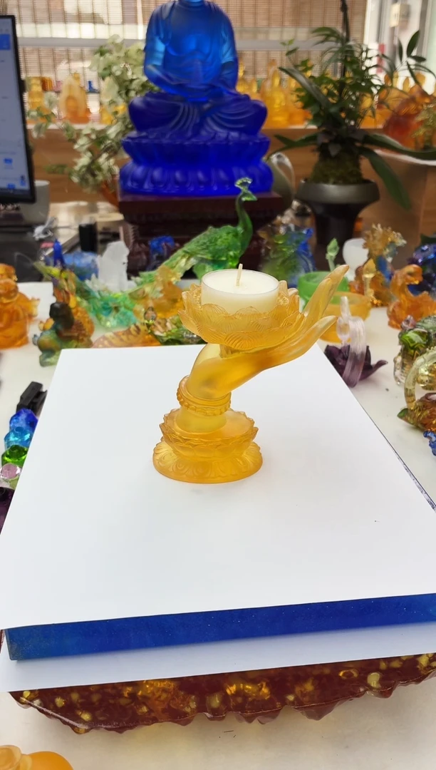 手工艺品琉璃琥珀色佛手烛台12公分