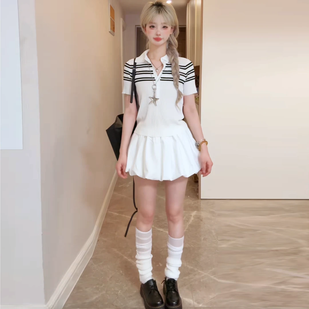 韩系撞色条纹polo领正肩针织短袖t恤女夏季2025新款修身百搭上衣